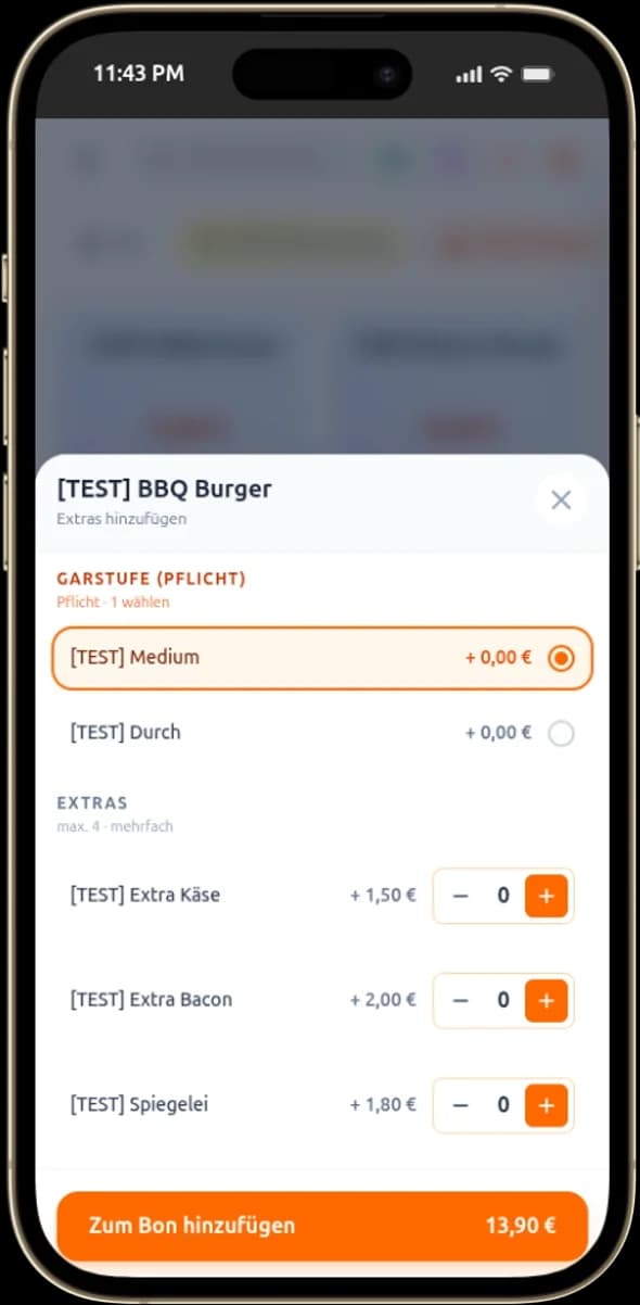 Modifier selection on iPhone — burger with extras.