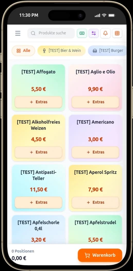 OrderPy register on iPhone — products, cart, and checkout in one app.