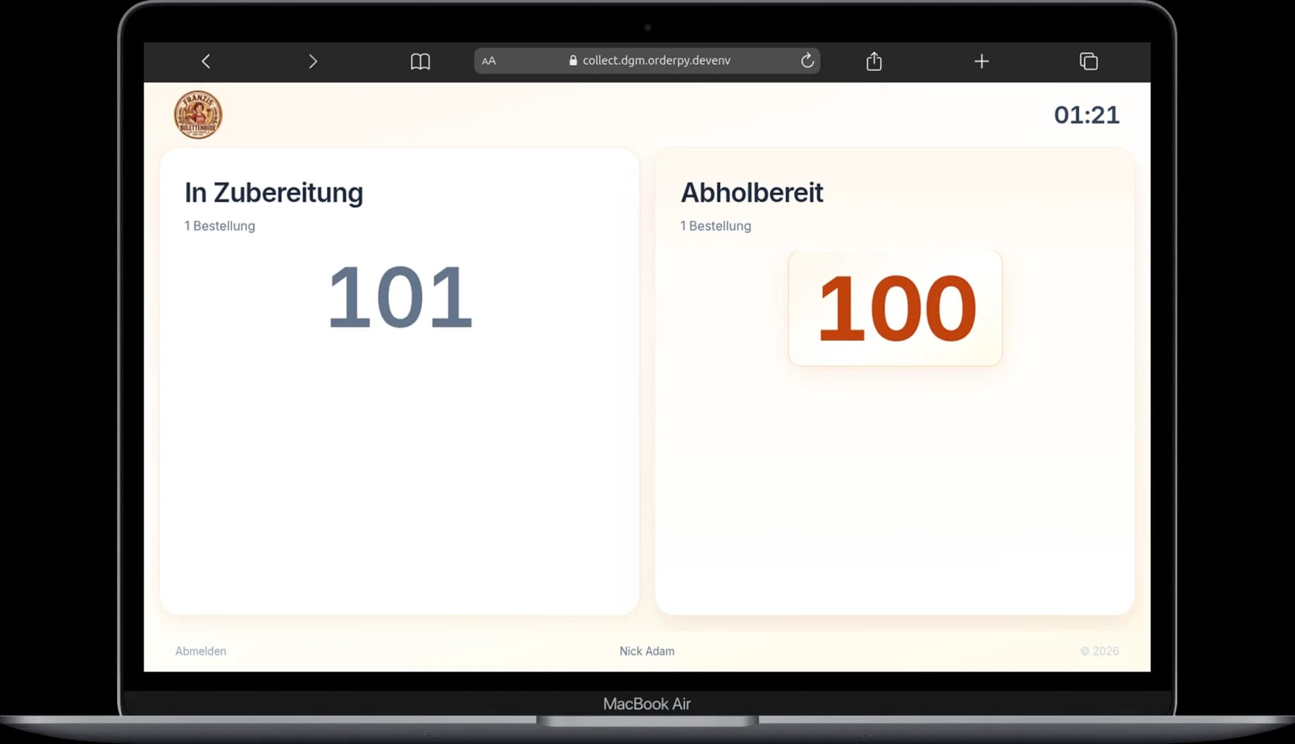 OrderPy Collect on a MacBook — pickup status at the counter.