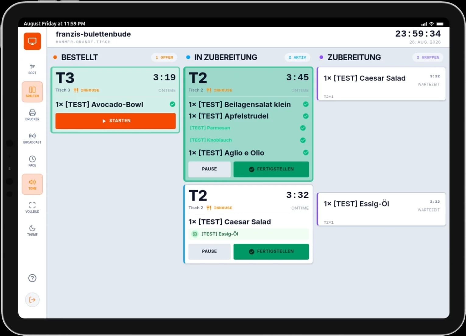 OrderPy DGM on iPad — orders by station in columns.