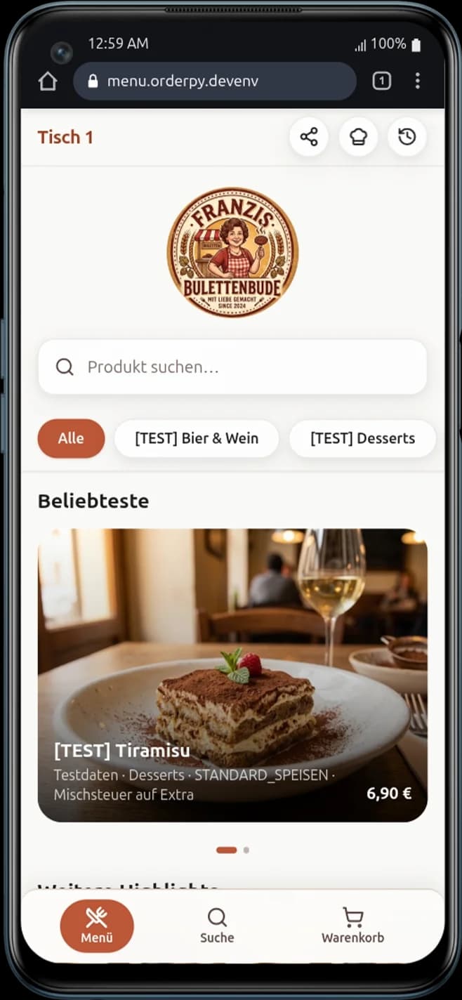 OrderPy ordering on a phone — menu and highlights.