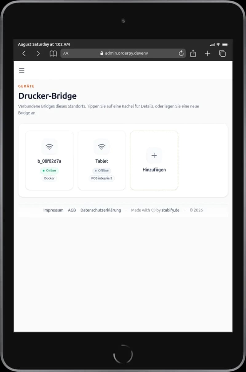 OrderPy Printservice — printer bridge on iPad mini and printer setup on a phone.